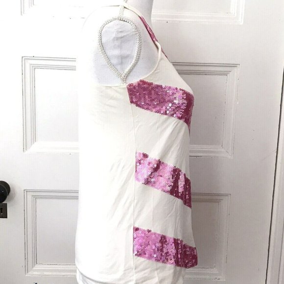 Julie Brown Ivory Pink Stretch Sequin Top T Shirt Racer Back - Picture 2 of 6